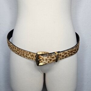 Elite Fresno California Leopard Print Calf Hair Belt Gold Hammered Buckle 1 XL